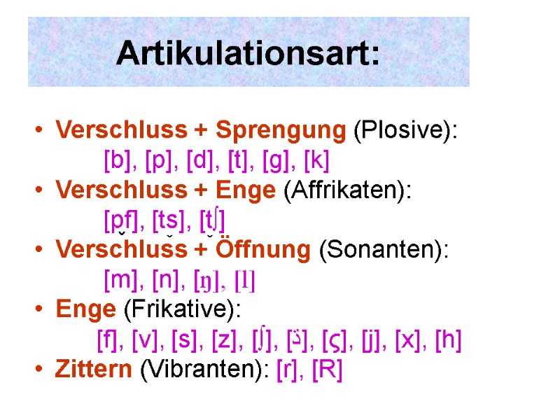 Artikulationsart: Verschluss + Sprengung (Plosive):         